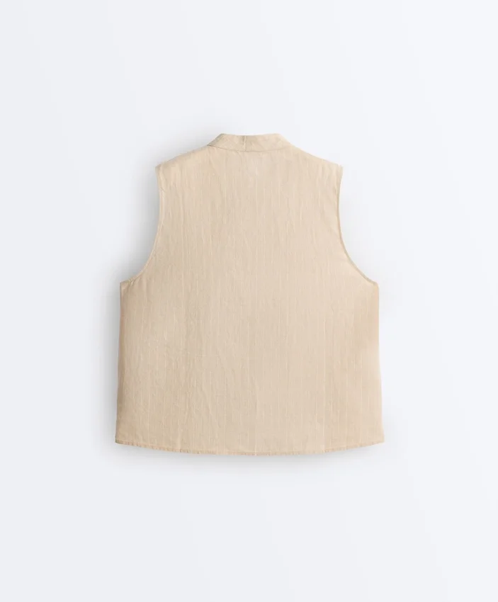 Camicie senza maniche in 100% lino con colletto alla coreana e bottoni Camicie senza maniche in 100% lino con colletto alla coreana e bottoni