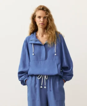 Felpa con mezza zip, tasca frontale, misto lyocell e 24% lino