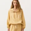 Felpa con mezza zip, tasca frontale, misto lyocell e 24% lino