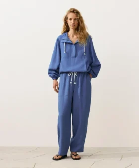 Felpa con mezza zip, tasca frontale, misto lyocell e 24% lino