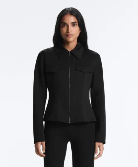 Giacca con peplo effetto neoprene e bordi a costine
