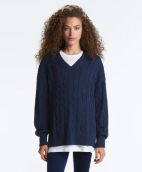 Maglione con scollo a V in maglia a trecce 100% cotone