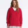 Maglione con scollo a V in maglia a trecce 100% cotone