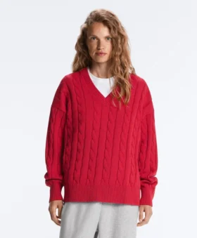 Maglione con scollo a V in maglia a trecce 100% cotone