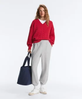 Maglione con scollo a V in maglia a trecce 100% cotone