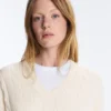 Maglione con scollo a V in maglia a trecce 100% cotone