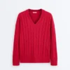 Maglione con scollo a V in maglia a trecce 100% cotone