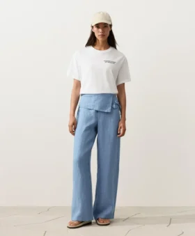 Pantaloni a gamba dritta in 100% lino con risvolto in vita