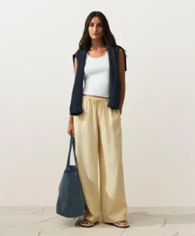 Pantaloni a gamba dritta in 100% lino con stampa a righe