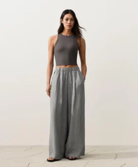 Pantaloni a gamba larga a righe in 100% lino