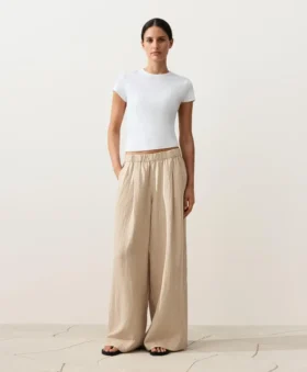 Pantaloni a gamba larga a righe in 100% lino