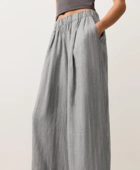 Pantaloni a gamba larga a righe in 100% lino