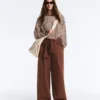 Pantaloni a gamba larga a vita alta in piqué di cotone