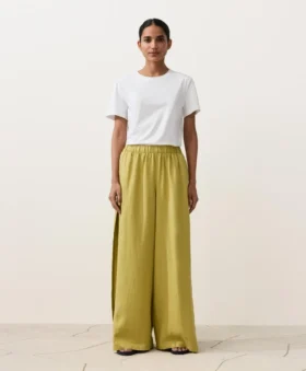 Pantaloni a gamba larga in 100% lino con piega laterale