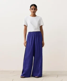 Pantaloni a gamba larga in 100% lino con piega laterale