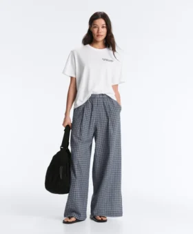 Pantaloni a gamba larga in misto cotone a quadri