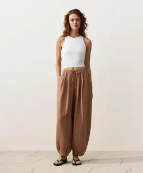 Pantaloni a palloncino a righe in 100% lino