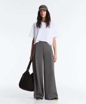Pantaloni a vita alta e gamba larga in cotone piqué