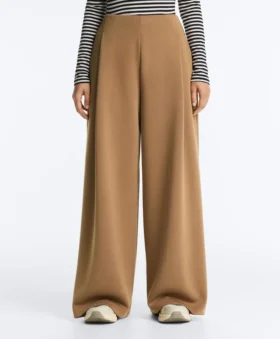 Pantaloni a vita alta in twill a gamba larga con pieghe