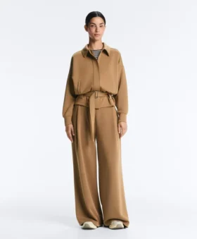 Pantaloni a vita alta in twill a gamba larga con pieghe