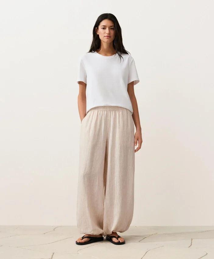 Pantaloni bloomer a righe in 100% lino Pantaloni bloomer a righe in 100% lino
