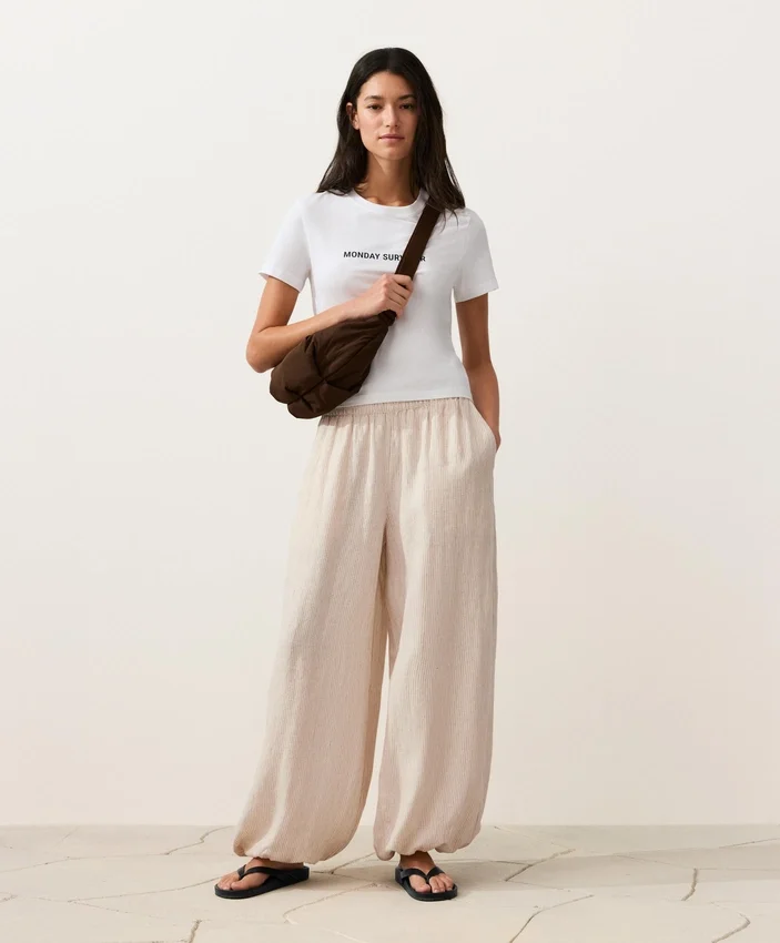 Pantaloni bloomer a righe in 100% lino Pantaloni bloomer a righe in 100% lino