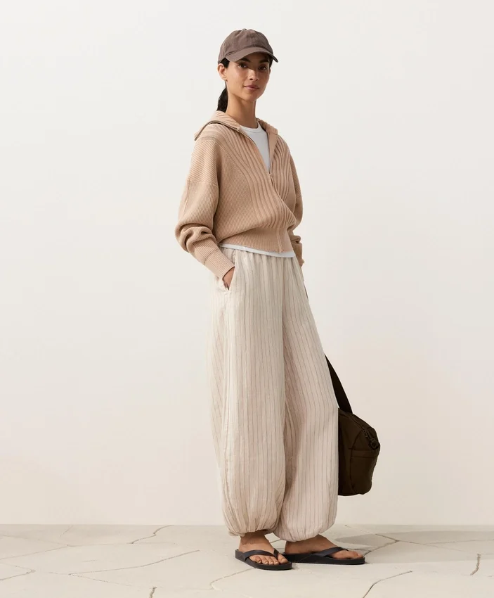 Pantaloni bloomer a righe in 100% lino Pantaloni bloomer a righe in 100% lino