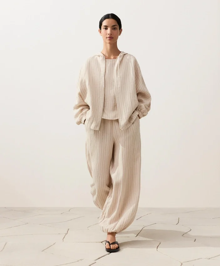 Pantaloni bloomer a righe in 100% lino Pantaloni bloomer a righe in 100% lino