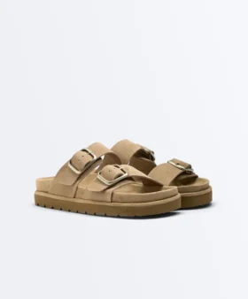 Sandali con plateau in pelle crosta con fibbia