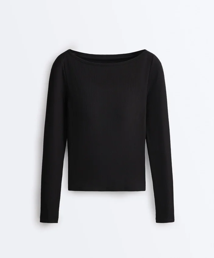 T-shirt a scollo a barchetta in misto modal a costine T-shirt a scollo a barchetta in misto modal a costine