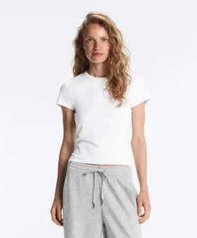 T-shirt aderente a maniche corte in tessuto a costine misto cotone