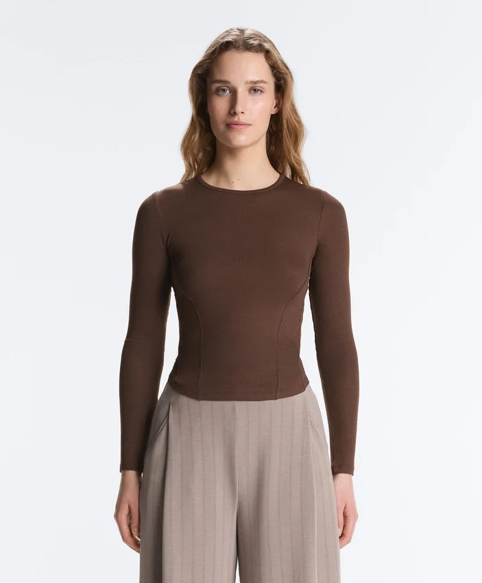 T-shirt aderente a maniche lunghe in tessuto a costine di cotone e modal T-shirt aderente a maniche lunghe in tessuto a costine di cotone e modal