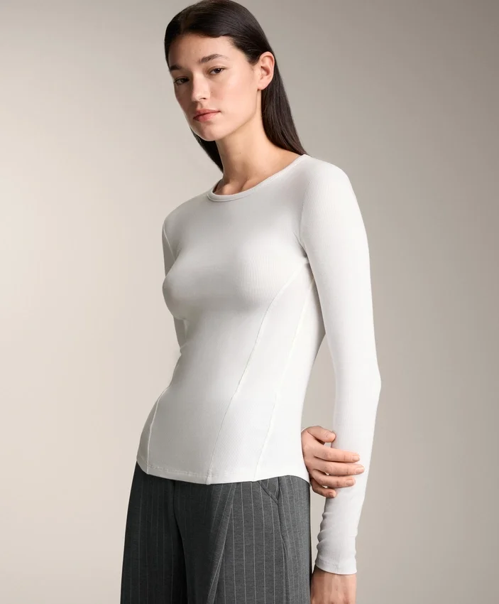T-shirt aderente a maniche lunghe in tessuto a costine di cotone e modal T-shirt aderente a maniche lunghe in tessuto a costine di cotone e modal