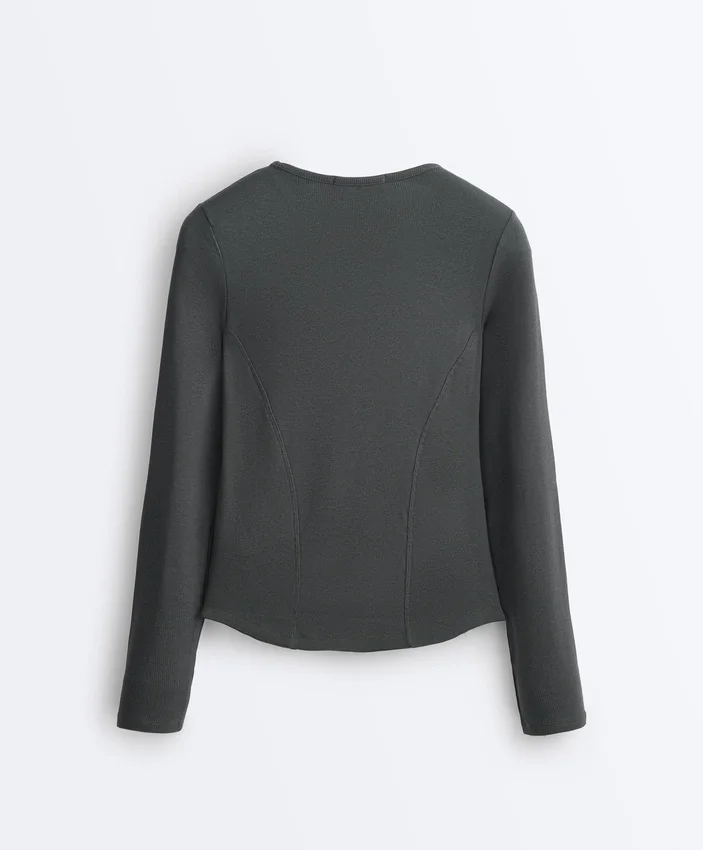 T-shirt aderente a maniche lunghe in tessuto a costine di cotone e modal T-shirt aderente a maniche lunghe in tessuto a costine di cotone e modal