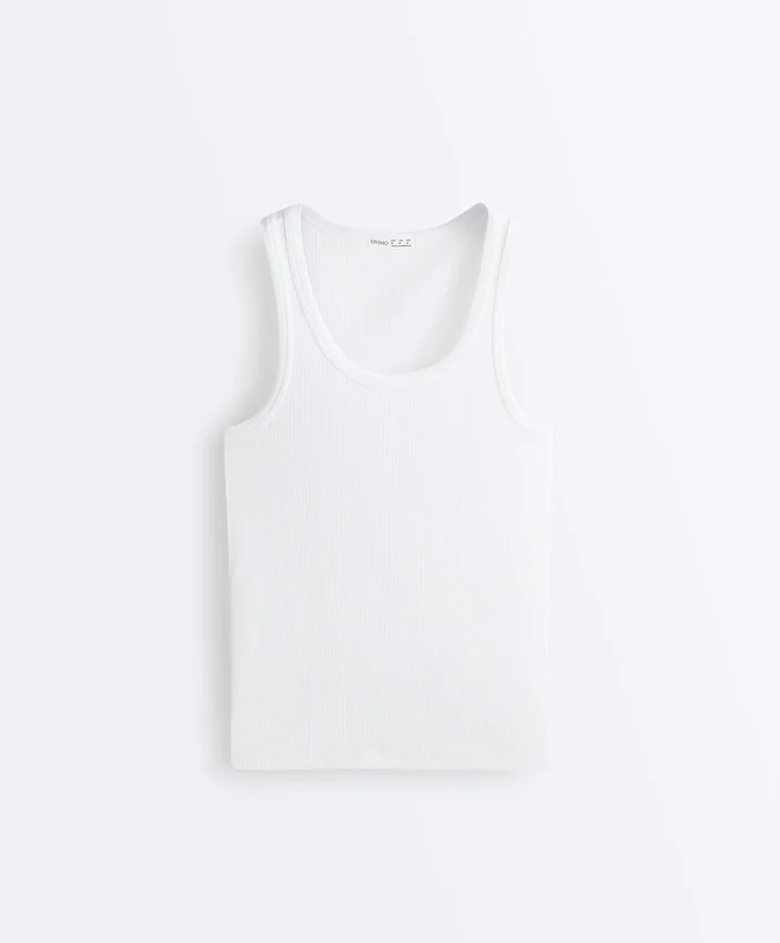 T-shirt aderente con spalline a costine in cotone e modal T-shirt aderente con spalline a costine in cotone e modal
