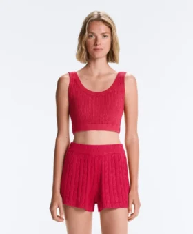T-shirt corta in maglia lavata con spalline a trecce