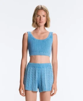 T-shirt corta in maglia lavata con spalline a trecce