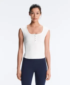T-shirt senza maniche a costine con bottoni in cotone e modal
