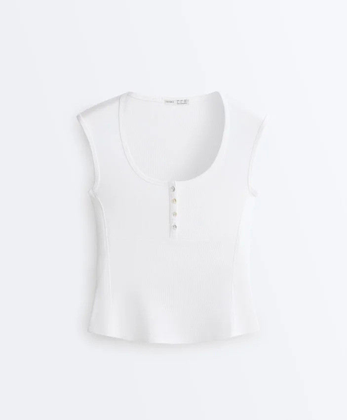 T-shirt senza maniche a costine con bottoni in cotone e modal T-shirt senza maniche a costine con bottoni in cotone e modal